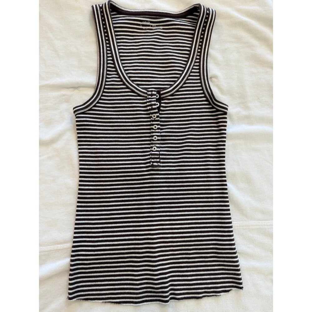 Aerie Black and White Striped Henley Tank Top